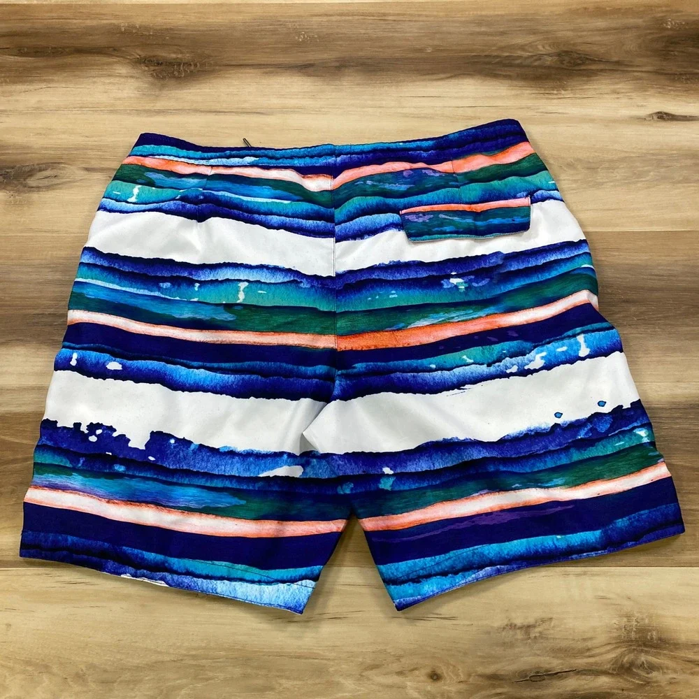 Jachs NY Swim Trunks Mens L Watercolor Stripe Board Shorts Mesh Lined Blue Multi